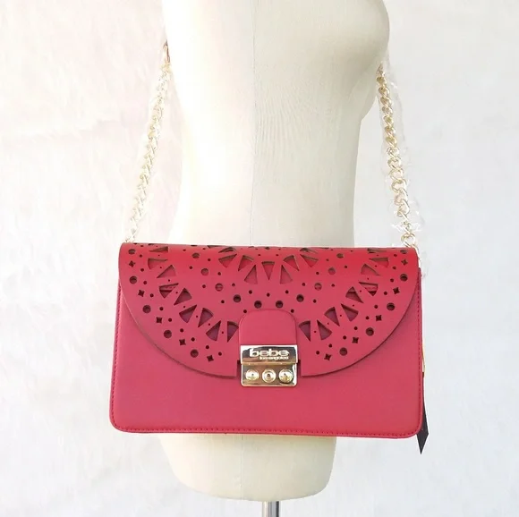 BEBE CROSSBODY RED TIFFANY PERFORATED EYELET CUT BAG PURSE - Picture 3 of 6